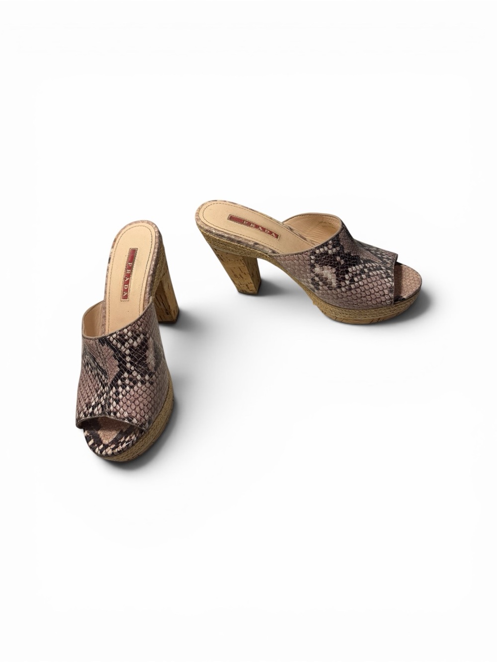 Prada Taupe and Brown Snake-Print Cork Platform Mules